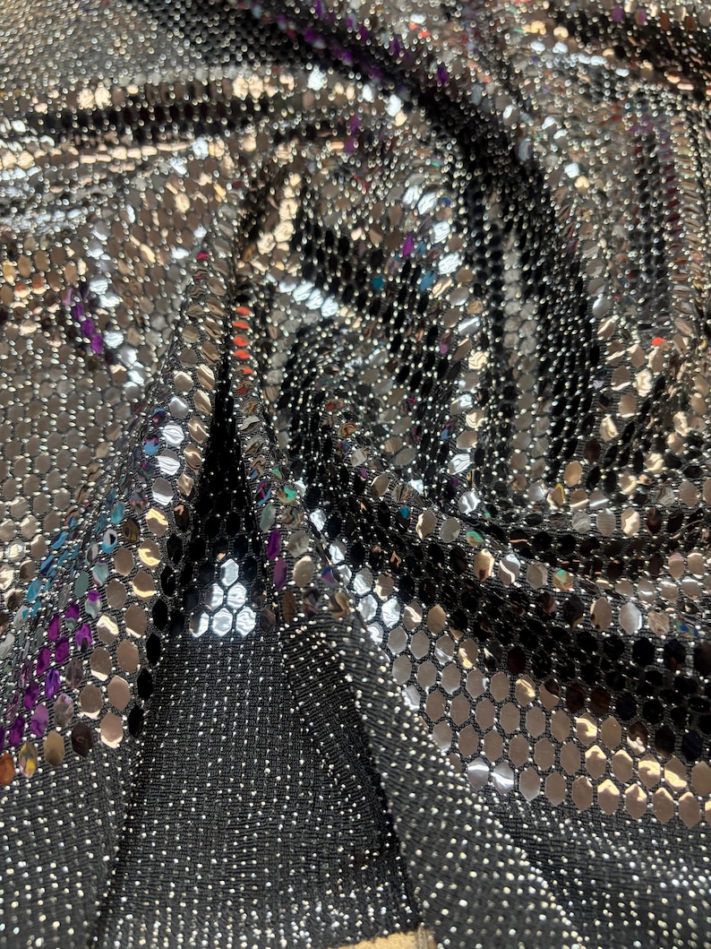Black Honeycomb Sequins on silver and black Spandex lurex fabric , 58/60 inch wide, sold by the yard. 2 way stretch image 4