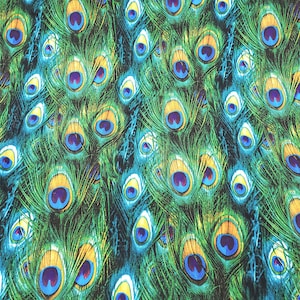 Peacock feathers print 4 way spandex sold by the yard