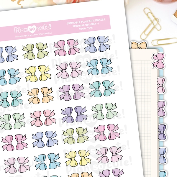 Kawaii Bow Tabs, Printable Planner Stickers, Bullet Journal Stickers, Fits Hobonichi Weeks and any other planner