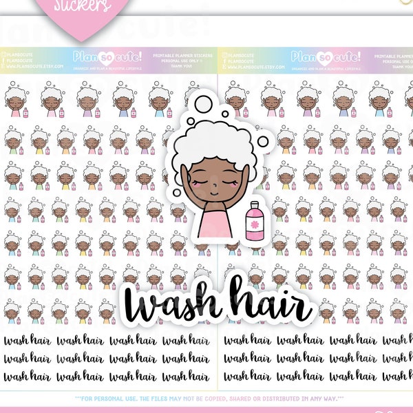 Wash Hair Printable Planner Stickers, Emily Dark Skin, Cricut and Silhouette files, Bullet Journal Stickers