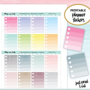 Può includere: Adesivi per planner stampabili con uno schema di colore sfumato e cuori bianchi. Gli adesivi sono etichettati "Plan so cute" e includono il testo "just print & cut".