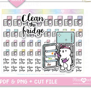 May include: Printable planner stickers featuring a cute cartoon bear cleaning a refrigerator. The stickers are in a variety of pastel colors and feature the text "Clean the fridge".