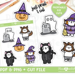 Puede incluir: Pegatinas de Halloween imprimibles con una variedad de personajes lindos, que incluyen un fantasma, una bruja, un hombre lobo, un gato negro y una calabaza. Las pegatinas están diseñadas para usar con una máquina de troquelado y están disponibles en formatos PDF y PNG.