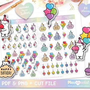 May include: Printable planner stickers featuring a cute polar bear with a birthday hat holding a cupcake and balloons. The stickers also include a cloud with the text "Happy Birthday" and cupcakes with candles.