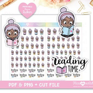 May include: Printable planner stickers featuring a cartoon girl reading a book. The stickers are in a variety of pastel colors and feature the text "Reading Time".