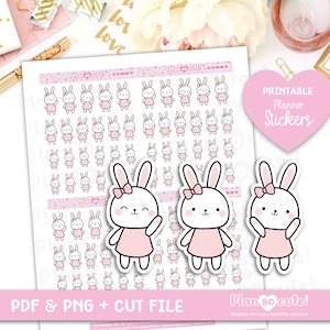 Puede incluir: Pegatinas imprimibles para planificador con un diseño de conejo lindo. Las pegatinas son rosas y blancas con un lazo rosa en la cabeza del conejo. El texto "Plan so cute!" está en la hoja de pegatinas.