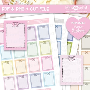 Puede incluir: Pegatinas imprimibles para planificador con un esquema de color pastel y un diseño de lazo. Las pegatinas son cuadradas con un borde discontinuo y un espacio en blanco para escribir.