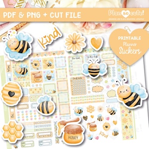 May include: Printable planner stickers featuring a bee theme. The stickers include bees, honey pots, honeycomb, flowers, and the word "kind".