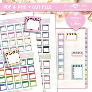 Puede incluir: Pegatinas imprimibles para planificadores con una variedad de colores y diseños. Las pegatinas tienen forma cuadrada con un borde negro y un diseño en espiral en la esquina superior izquierda. El texto "Pegatinas imprimibles para planificadores" está en la esquina superior derecha de la imagen.