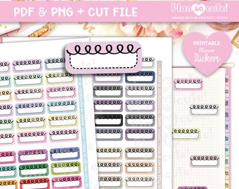 May include: Printable planner stickers with a variety of colors and designs. The stickers feature a wavy line border and a blank space for writing. The text "Plan so cute!" and "Printable Planner Stickers" is visible in the image.