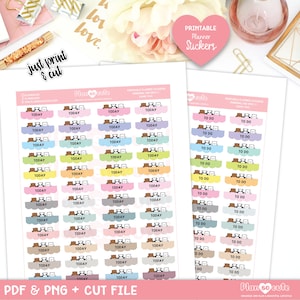 Puede incluir: Pegatinas imprimibles para planificadores con adorables osos de dibujos animados y las palabras "Hoy" y "Por hacer" en varios colores pastel. Las pegatinas están diseñadas para su uso en planificadores personales.