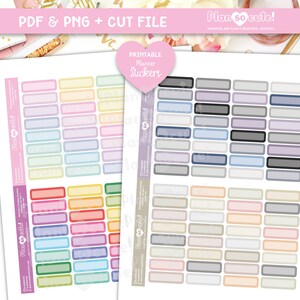 May include: Printable planner stickers with a variety of colors and designs. The stickers are rectangular and have a white border. The text "Plan so cute!" is printed on the stickers.
