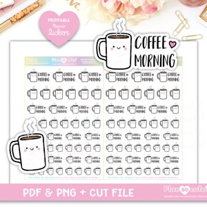 May include: Printable planner stickers featuring a coffee cup with a smiling face and the text "Coffee Morning". The stickers are in black and white with a pink heart.