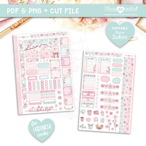 Sakura Hobo Weeks Kit, Printable Planner Stickers, Cherry Blossom