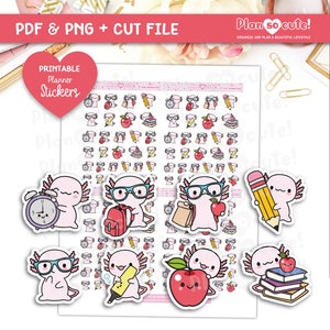 Puede incluir: Pegatinas imprimibles para planificador con lindas ilustraciones de ajolote con accesorios de temática escolar como mochilas, lápices, manzanas y libros. Las pegatinas están diseñadas en un esquema de color rosa y blanco con contornos negros.