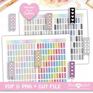 Puede incluir: Pegatinas imprimibles para planificadores con un diseño de banner y corazones. Las pegatinas son de varios colores, incluyendo rosa, naranja, amarillo, verde, azul, morado y negro. El texto "Plan so cute!" está en la parte inferior de la imagen.