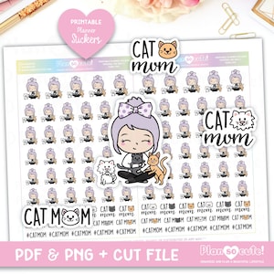 Emily Cat Mom, lichte huid. Afdrukbare plannerstickers, silhouet en Cricut-bestand, Bullet Journal-stickers, karakterstickers