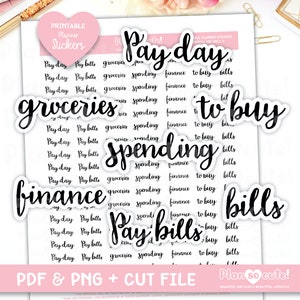 Finanzskript druckbare Planeraufkleber, Zahltagsskript, Rechnungen bezahlen, Ausgaben, Lebensmittel, Kaufen, Rechnungen, Cricut- und Silhouette-Dateien