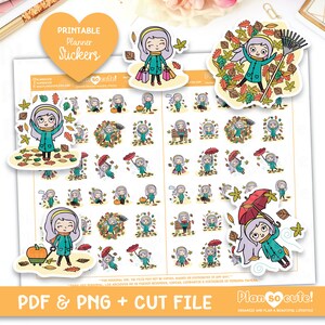 Puede incluir: Un conjunto de 36 pegatinas de planificador imprimibles con una niña de dibujos animados en varias actividades otoñales. Las pegatinas incluyen imágenes de la niña rastrillando hojas, sosteniendo bolsas de compras, llevando una calabaza y caminando bajo un paraguas. Las pegatinas están diseñadas en un estilo lindo y caprichoso con una paleta de colores pastel.