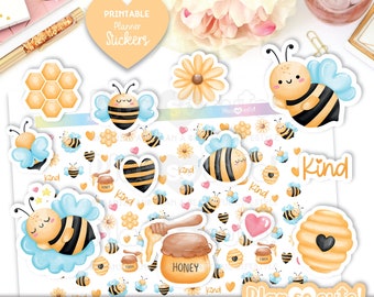 Cute Watercolor Bees, Printable Stickers, Planner Stickers, Cricut and Silhouette Files, Personal use