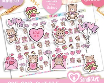 Valentines Bears Printable Planner Stickers, Valentines Stickers, Cute Bear, Teddy Bear