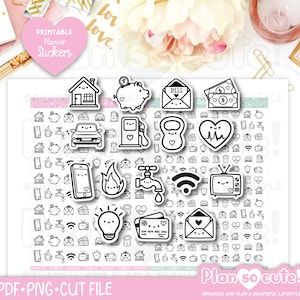 Finanzsymbole in Schwarz und Weiß, Mini-Symbolaufkleber, Kawaii-Aufkleber, druckbare Planeraufkleber