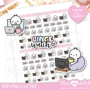 May include: Sheet of planner stickers with a 'Binge Watch' theme. The stickers feature cartoon characters watching TV or using laptops while eating popcorn. The text 'Binge Watch' is also included. The stickers are in pink, white, and black.