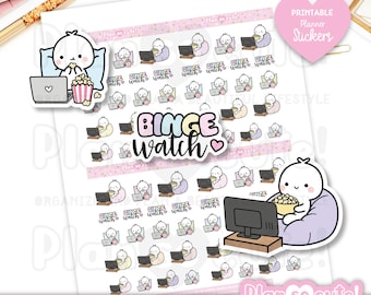 Tiny Puppet Binge Watch Stickers, printbare plannerstickers, bullet journal stickers, printbare PRINTBARE