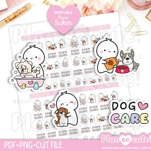 May include: Printable planner stickers featuring cute cartoon characters with dogs. The stickers include images of dogs being bathed, fed, and cared for. The words "Dog Care" are also included in the design. The stickers are designed to help organize and plan a beautiful lifestyle.