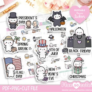 Puede incluir: Una colección de pegatinas imprimibles para agenda con personajes de dibujos animados que celebran diversas festividades, incluyendo el Día del Presidente, Halloween, Spring Break, 4 de julio, Black Friday, Flag Day, Nochevieja y Navidad.