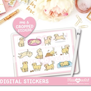 Puede incluir: Pegatinas digitales con un labrador retriever amarillo en varias poses, incluyendo dormir, jugar y comer. Las pegatinas están en la pantalla de una tableta con el texto "Plan so cute!" y "Organiza y planifica una vida hermosa".