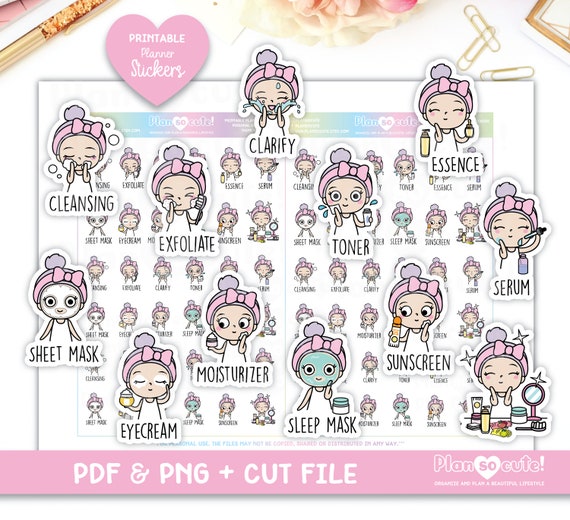 Emily Skin Care Printable Planner Stickers, Skin Care Routine, Emily Light Skin