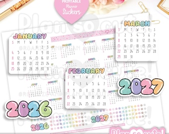 Könnte beinhalten: Druckbare Planer-Aufkleber mit Kalendermonaten und den Jahren 2026 und 2027. Die Aufkleber haben Pastellfarben und enthalten die Monate "Januar", "Februar", "März", "Juni", "August", "September" und "Dezember". Der Text "PDF+PNG+CUT FILE" ist ebenfalls sichtbar.
