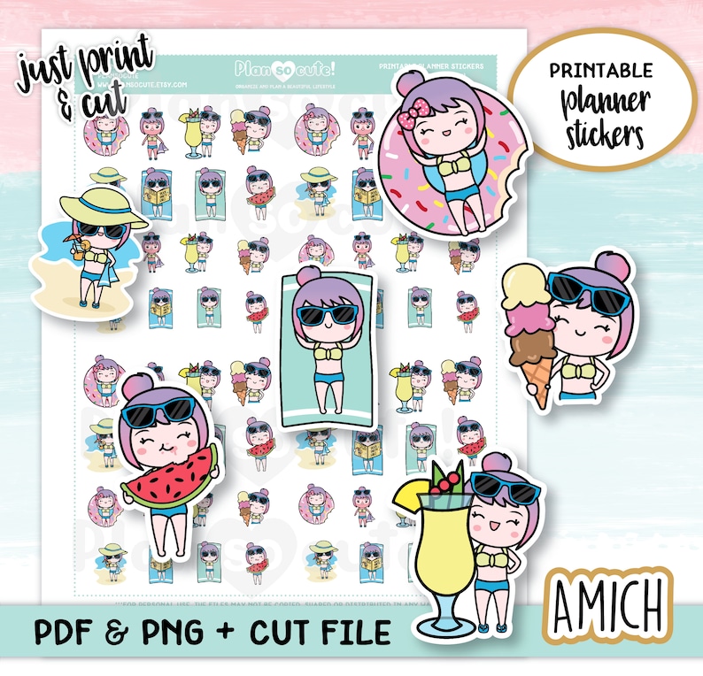 May include: Printable planner stickers featuring cute cartoon girls in various summer activities, including sunbathing, eating ice cream, and holding a tropical drink. The stickers are designed in a bright and colorful style with pink, blue, and yellow accents. The text "Plan so cute!" and "Printable planner stickers" is included in the image.