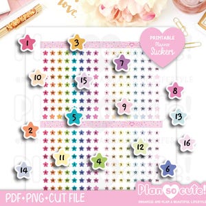Puede incluir: Una hoja de pegatinas de planificador en forma de estrella colorida con los números 1-31. Las pegatinas son de varios colores y están dispuestas en filas. La imagen también incluye el texto "Printable Planner Stickers" y "Plan so cute!"