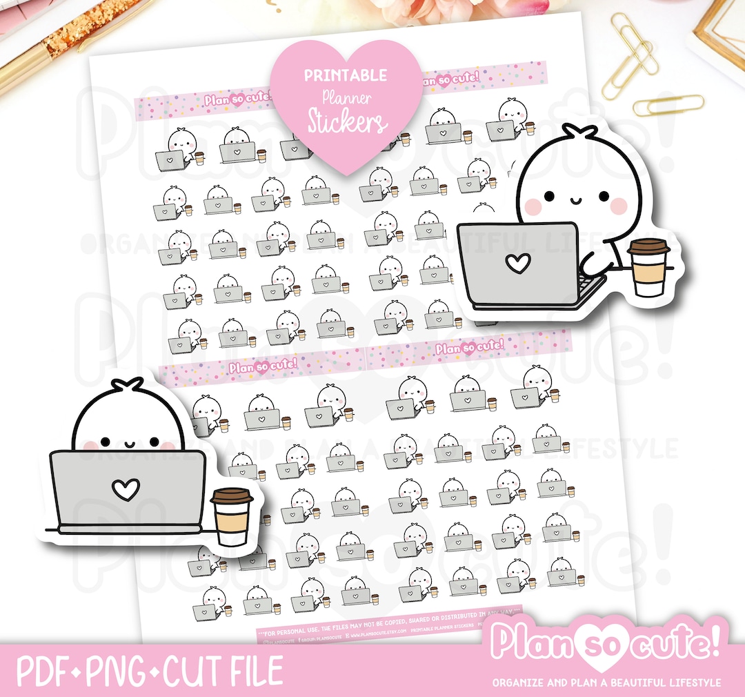 Tiny Puppet Working on Laptop Stickers, Printable Planner Stickers ...