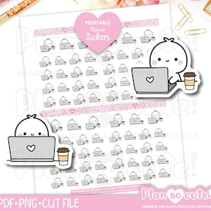 Tiny Puppet Working on Laptop Stickers, Printable Planner Stickers, Bullet Journal Stickers