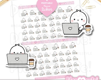 Tiny Puppet Working on Laptop Stickers, Printable Planner Stickers, Bullet Journal Stickers