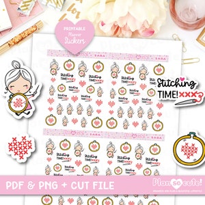 May include: A set of printable planner stickers featuring a cartoon girl holding a hoop with a red heart cross-stitch design. The stickers include the text "Stitching Time!" and "Plan so cute!" in pink and white lettering.