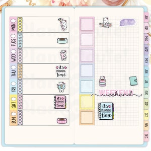 May include: A weekly planner with a grid layout and a variety of stickers. The stickers feature cute bears, washi tape, and the phrase "it's planning time".