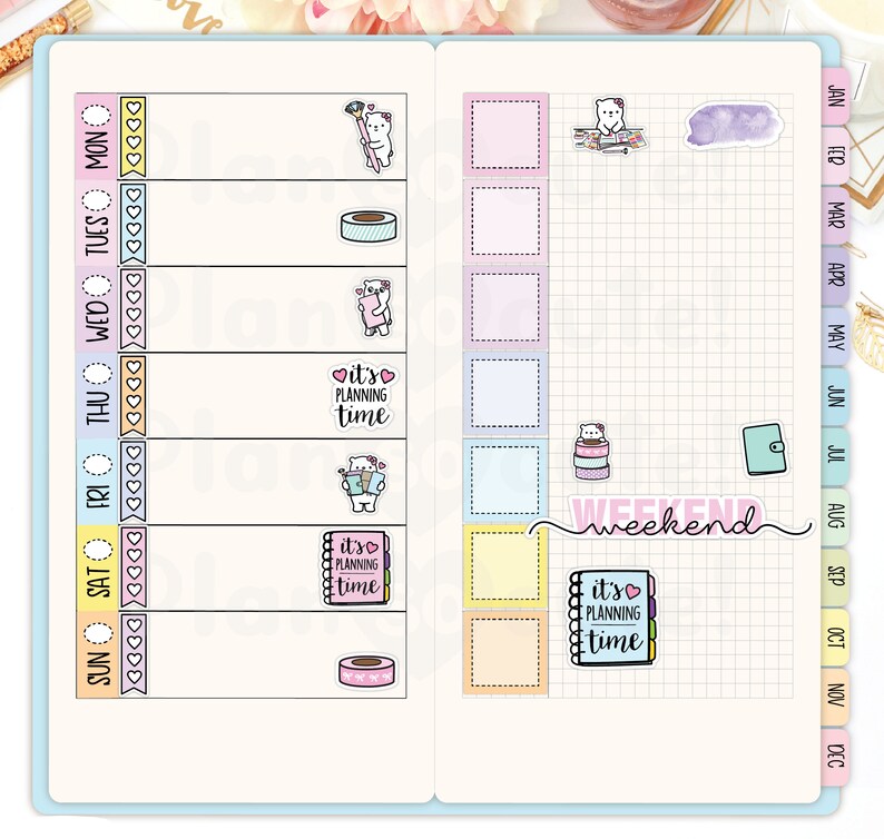 May include: A weekly planner with a grid layout and a variety of stickers. The stickers feature cute bears, washi tape, and the phrase "it's planning time".
