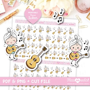 Puede incluir: Pegatinas imprimibles para planificador con una niña tocando la guitarra con notas musicales. Las pegatinas son en blanco y negro con una guitarra amarilla. El texto "Plan so cute!" está en la parte inferior de la hoja.