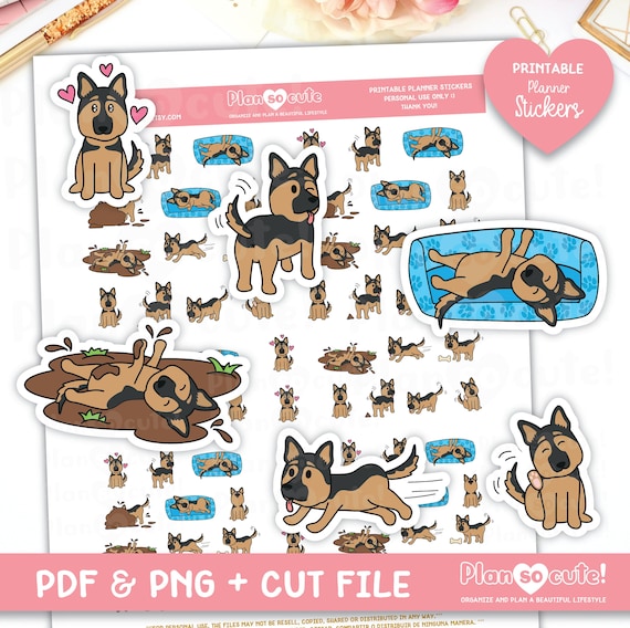 Doodle German Shepherd, German Shepherd Puppy, Printable Planner Stickers, Doodle Stickers, Cricut and Silhouette files
