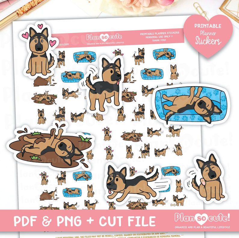 May include: Printable planner stickers featuring a German Shepherd dog in various poses, including playing in mud, sleeping on a sofa, and running. The stickers are on a white background with the text "Plan so cute!" and "Printable Planner Stickers" in the top right corner.