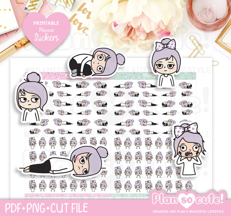 May include: Printable planner stickers featuring a cartoon girl with purple hair in various poses. The stickers are designed for use in planners and journals. The text "Plan so cute!" is included in the image.