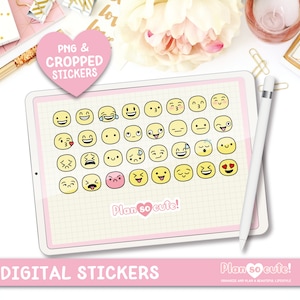 Puede incluir: Una hoja digital de 36 pegatinas emoji amarillas y rosas con varias expresiones faciales. La hoja se muestra en una tableta con un fondo de cuadrícula rosa y blanca. El texto "Plan so cute!" está en la parte inferior de la hoja.