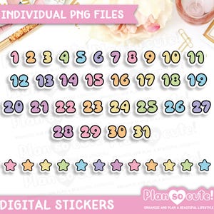 Puede incluir: Una colección de pegatinas digitales con los números del 1 al 31 y una fila de pequeñas estrellas. Cada número y estrella tiene un borde blanco grueso y está representado en varios colores pastel, incluyendo rosa, naranja, amarillo, verde, azul y morado.