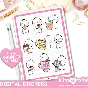 Puede incluir: Pegatinas digitales con personajes de dibujos animados lindos que sostienen tazas y jarras de café. Las pegatinas incluyen frases como "But first, coffee" y "Coffee lover".