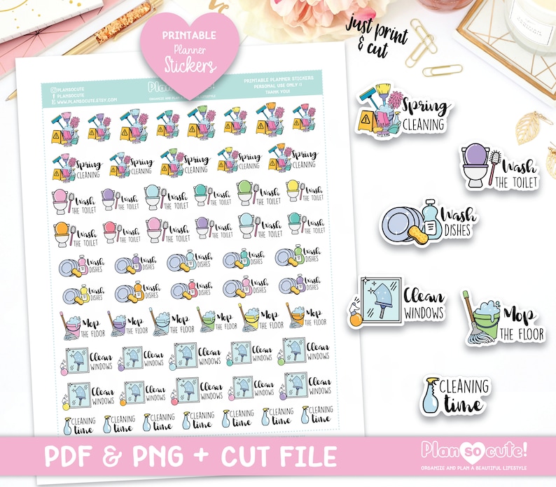 May include: Printable planner stickers featuring colorful illustrations of cleaning tasks, including spring cleaning, washing dishes, cleaning windows, mopping the floor, and cleaning the toilet. The stickers are designed for use in a planner or journal.