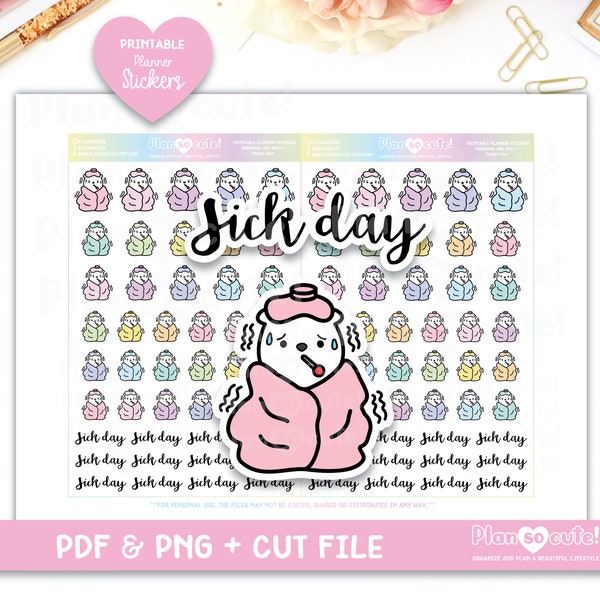 Sick Day Printable Planner Stickers, Bear Stickers, Cricut and Silhouette files, Bullet Journal Stickers, Character Stickers